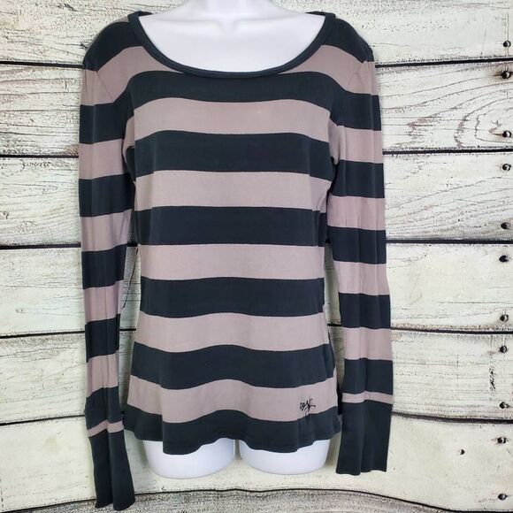 Roxy Taupe & Charcoal Gray Striped Long Sleeve Boatneck Top – Size L - Picture 1 of 6